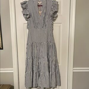 Entro Maxi Dress - Blue & White Striped Ruffle Sleeves